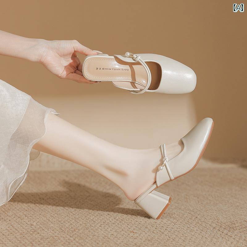 ミュール サンダル レディース チャイナ風 靴 つま先が 閉じた ハーフ スリッパ ハイヒール ミドル ヒール メリージェーン レディース サンダル ミュール