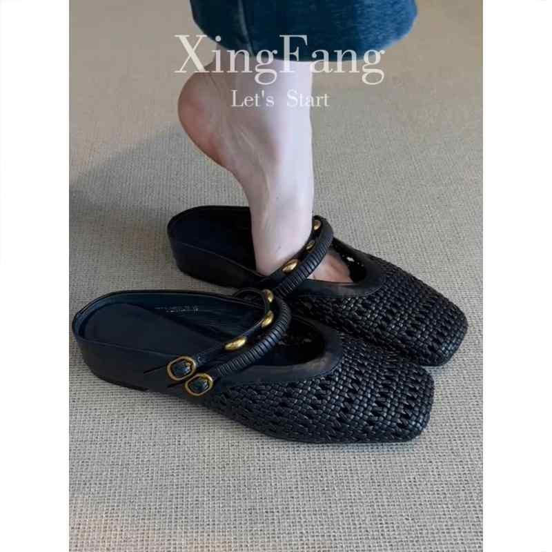 ミュール レディース 上品 牛革 フレンチ 内側が 高く つま先が 閉じた サンダル 女性用 夏 アウトドアウェア の 編み込み ミュール ハーフ スリッパ