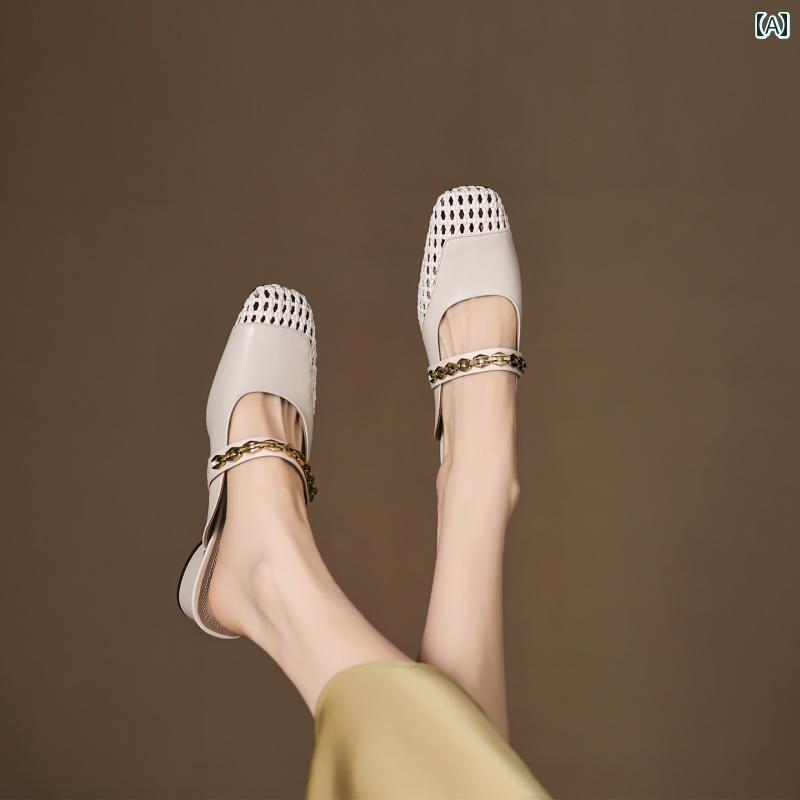 ミュール レディース 上品 Jiao Wenxi 革 フレンチ レトロ 包 頭 ハーフ スリッパ レディース サマー ミュール カジュアル 編み サンダル