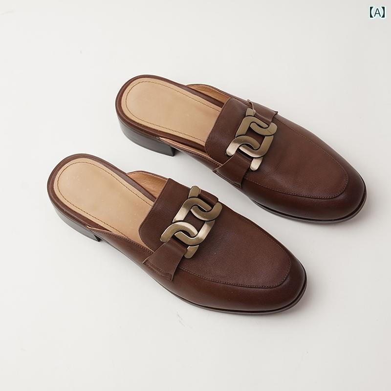 ミュール レディース 上品 上層 牛革 ハーフ スリッパ 女性用 アウターウェアと して 着用 可能 2025夏 ローヒール フラットボトム メタル 装飾 高級 ミュール