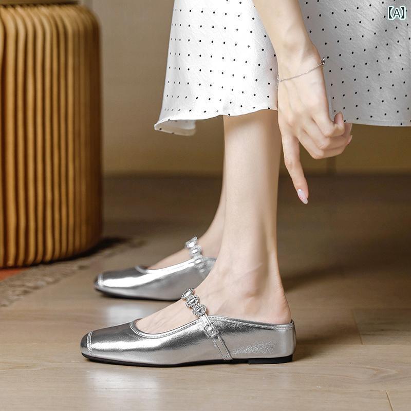 ミュール レディース 上品 シープスキン 高さ 4 cm アップの ハーフ クローズド トゥ ミュール 2025夏の シルバー スクエアトゥ サンダル レディース