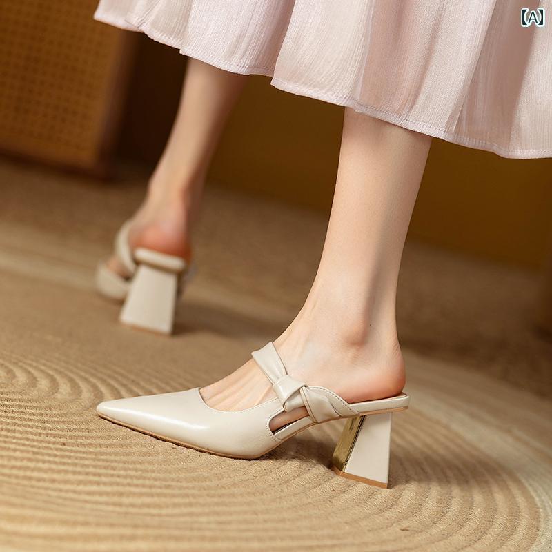 ミュール サンダル レディース 女性用 フレンチ ポインテッド ハーフ スリッパ 夏用 アウトドアウェア シングル ストラップ 厚底 ヒール つま先 閉じ サンダル ソフトレザー ハイヒール ミュール