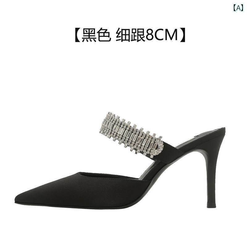 ミュール レディース 上品 リン ザイ 夏の ヒロイン 黒の ラインストーン ハイヒール スティレット ヒール つま先 ミュール ハーフ スリップ サンダル 厚底