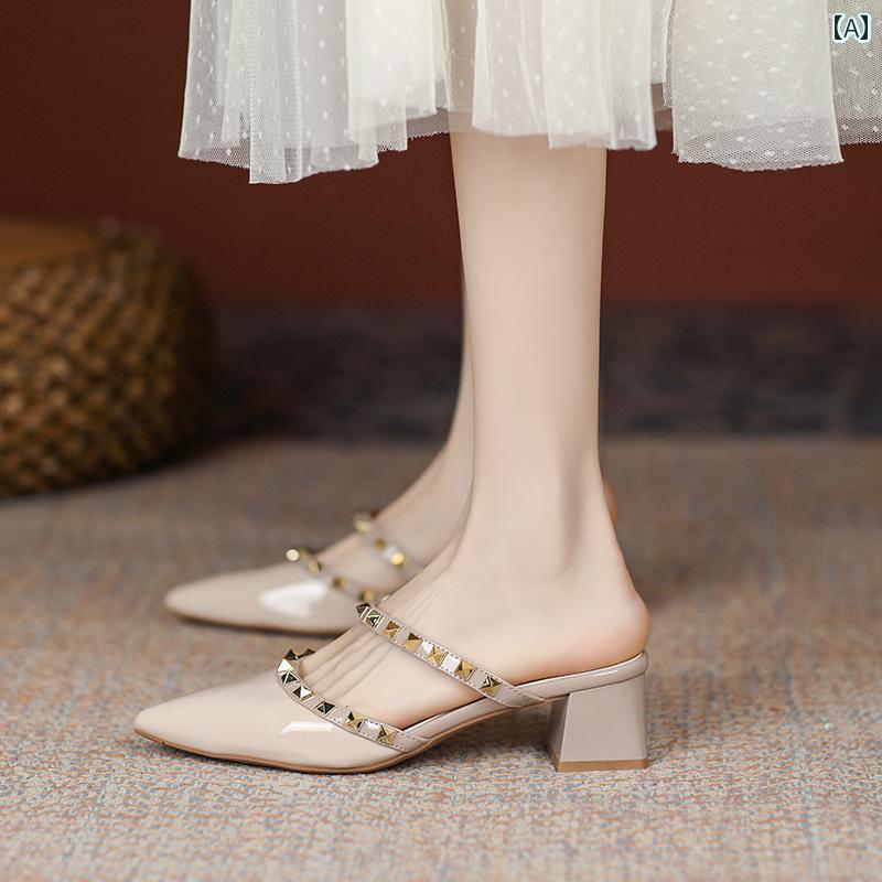 ミュール レディース 上品 2025年 ポインテッドトゥ 厚底 ハイエンド クローズド トゥ スリッポン ミッド ヒール スタッズ フレンチスタイル アウトドア ハーフ スリッパ レディース