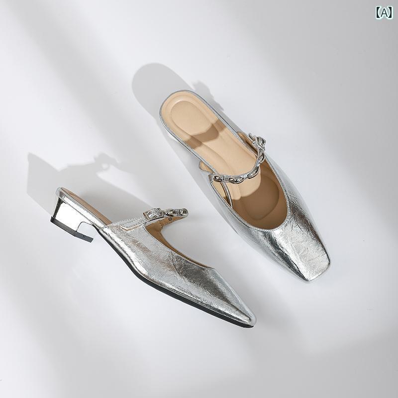 ミュール レディース 上品 女性用 フレンチ ショート パンツ 夏用 アウトドア スクエアトゥ サンダル ゆったり ヒール シルバー