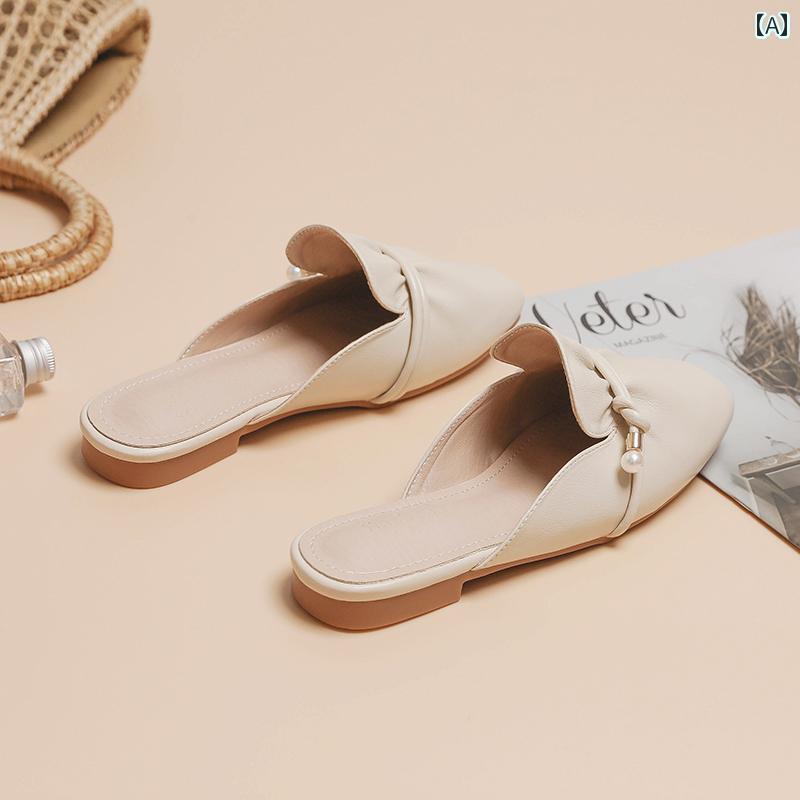 ミュール レディース 上品 フレンチ ハーフ スリッパ 女性用 2025夏 ヒールなし な フラットソール アウターウェア トゥ ミュラー シングル シューズ