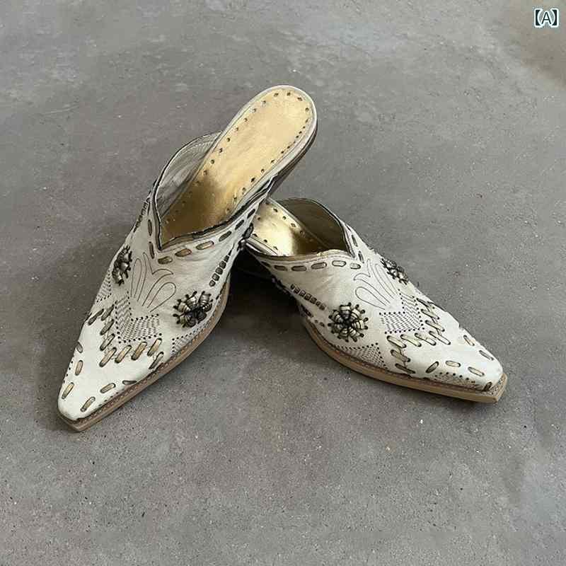 ミュール サンダル レディース と アメリカ レトロ 刺繍が 施 革 包 頭 ハーフ スリッパ 女性用 2024年 尖った 厚手 ヒール で 万能な ミュール サンダル