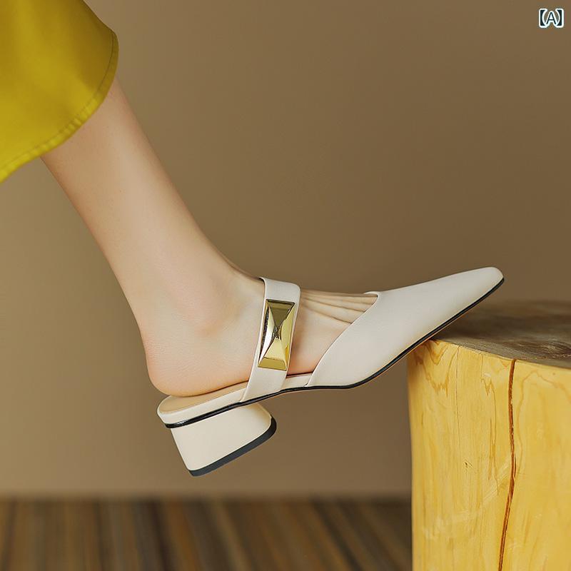 ミュール サンダル レディース 女性用 革 クロージャー ハーフ スリッパ オンライン 厚底 シープスキン ミュール スカート 付き フレンチ ポインテッドトゥ シングル シューズ 夏用