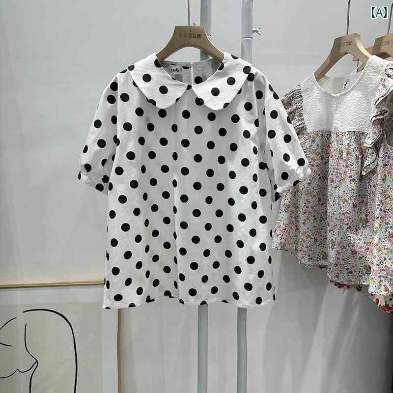 ドット柄 水玉 ブラウス シャツ 2024夏ので スタイリッシュな ベビー カラー シャツ ドットの 半袖 コットンシャツ 女性用 ゆったり 軽..