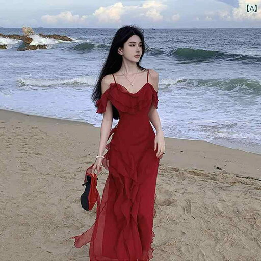カラードレス レディース フランスの レトロ 美しい 赤い サスペンダー ドレス 女性用 夏の フリル とても 雰囲気の 海辺の 休日の ロング カラードレス レディース フランスの レトロ 美しい 赤い サスペンダー ドレス 女性用 夏の フリル とても 雰囲気の 海辺の 休日の ロング