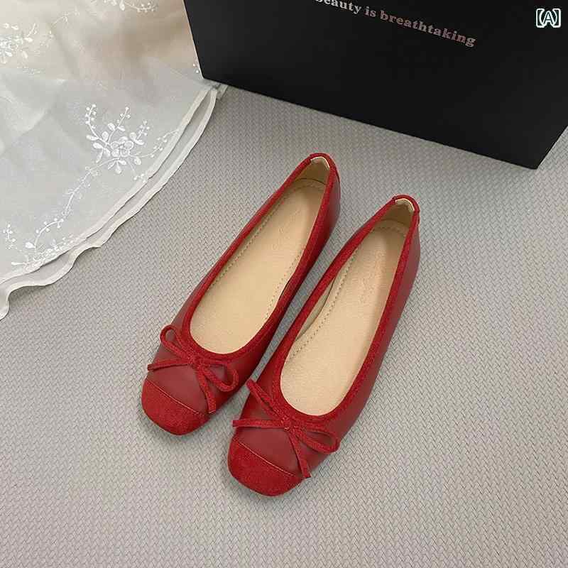 バレエ スタイル シューズ 2024夏の バレエ シューズ レディース フラット ボウ 浅口 シングル フェアリー スクエアトゥ リトル レッド イブニング