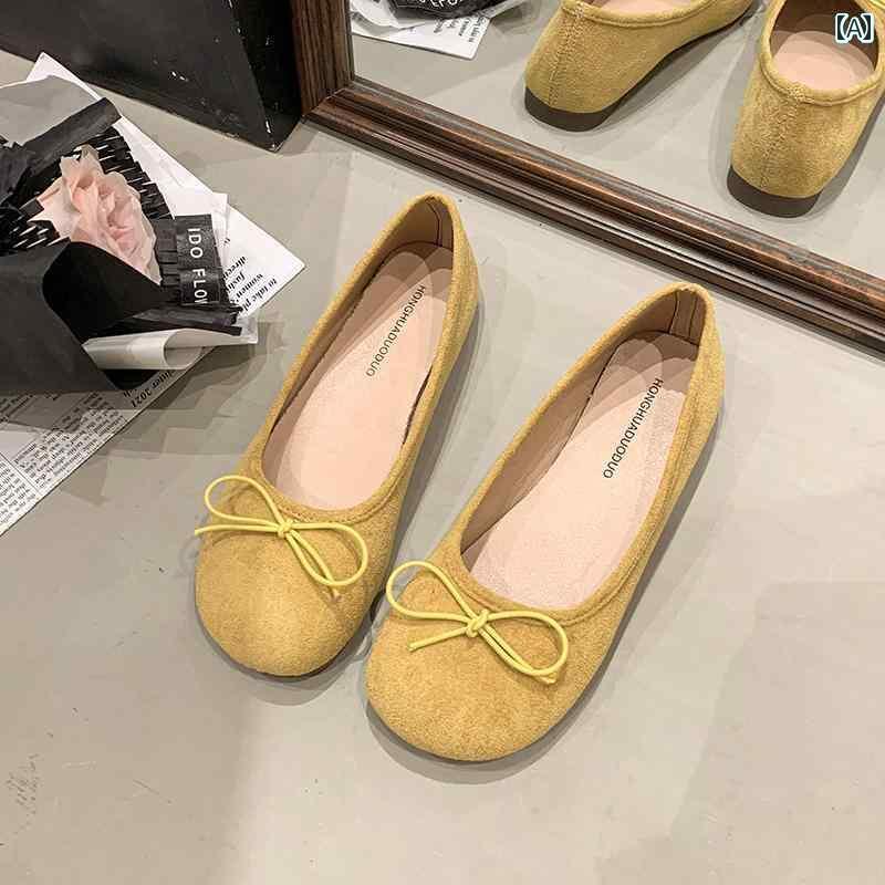 バレエ スタイル シューズ フレンチ スエードの ボウ バレエ シューズ 2025 春 優しくて ゆったり ワン ステップの ソフト フラット