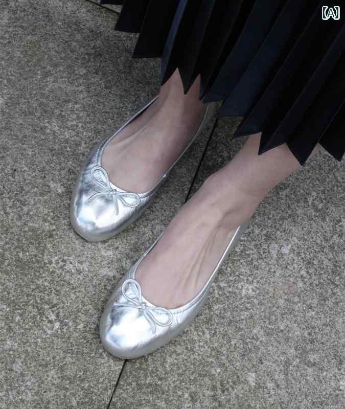 バレエ スタイル シューズ 女性用 バレエ シューズ 2025年 ラウンドトゥ 浅い 口 レトロ フラット 底 ソフト ソール 韓国 革 リボン エッグロール