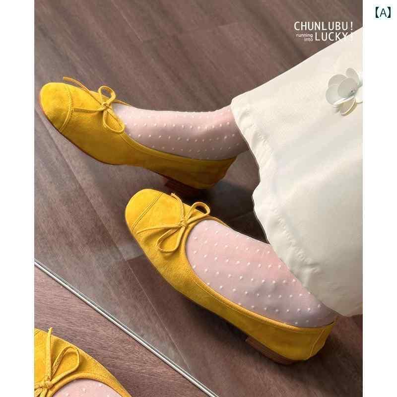 バレエ スタイル シューズ 女性用 フラット イエロー バレエ シューズ アウター シングル 2025年 スカ..