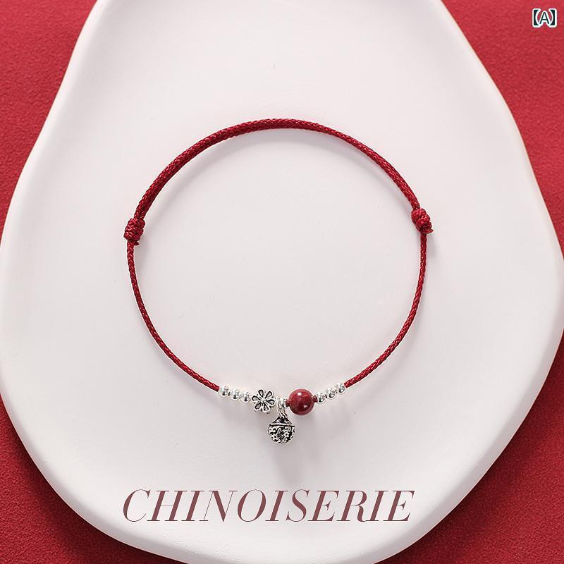 アンクレット ジュエリー おしゃれ シルバーの レトロ ベル アンクレット 女性用 辰砂 スター リング 赤い ロープ 編み ブレスレット サマー ギフト 個性...