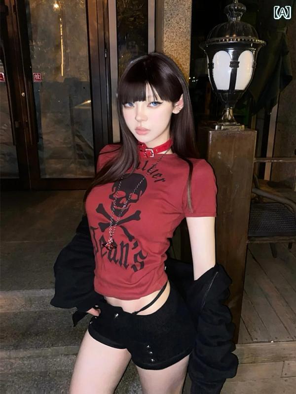 Tシャツ スカル レディース アメリカン ホット ガール レッド 半袖 Tシャツ レディース 夏 ユニークな ..