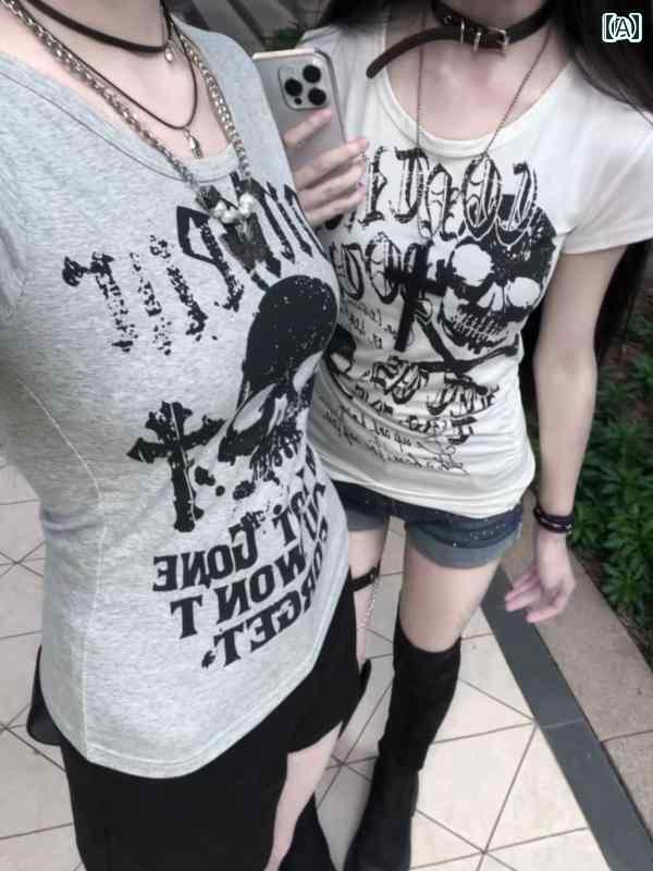 Tシャツ スカル レディース アメリカン レトロ スカル プリント ウエスト 半袖 Tシャツ 夏用 レディー..