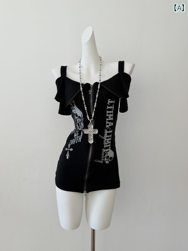 Tシャツ スカル レディース 【 太郎は 丸 313】 ヤ ビ ブラック スカル プリントワンショルダー 半袖 T..