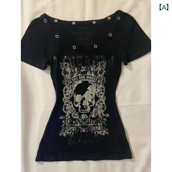 Tシャツ スカル レディース アメリカン ヴィンテージ スカル プリント Tシャツ レディース レトロ ミレ..