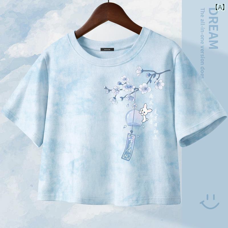 花柄 プリント Tシャツ 綿の 綿 ショート 半袖 2025 チャイナ風 スリム タイ ダイ トップ Tシャツ 女性 夏服