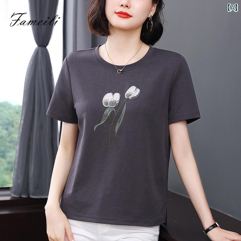 花柄 プリント Tシャツ ママ 半袖 Tシャツ レデイー ストップ 夏 2025 ゆったり 中年 万能 レディース 薄手