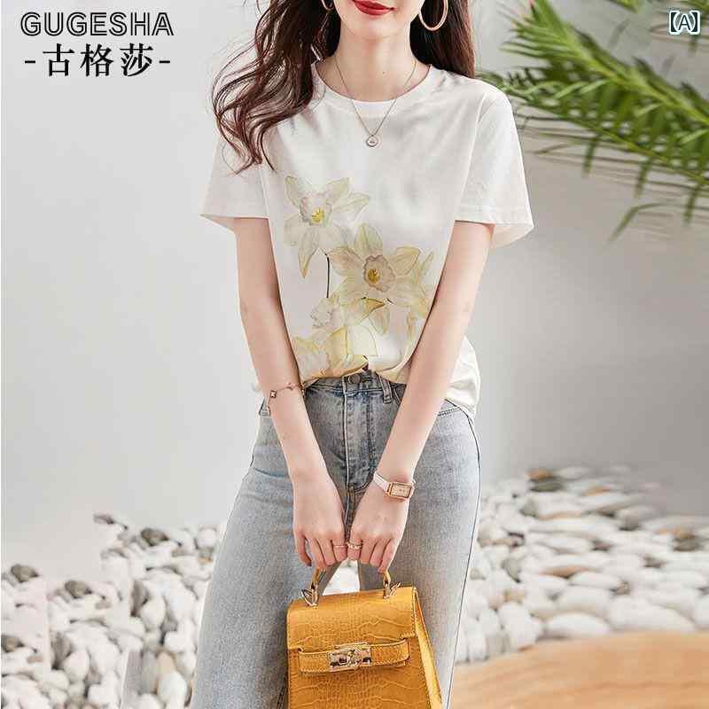 花柄 プリント Tシャツ 2024夏 カジュアル デマ ナ 半袖 Tシャツ レディース ファッション プリント ゆったり お腹 カバー トップス