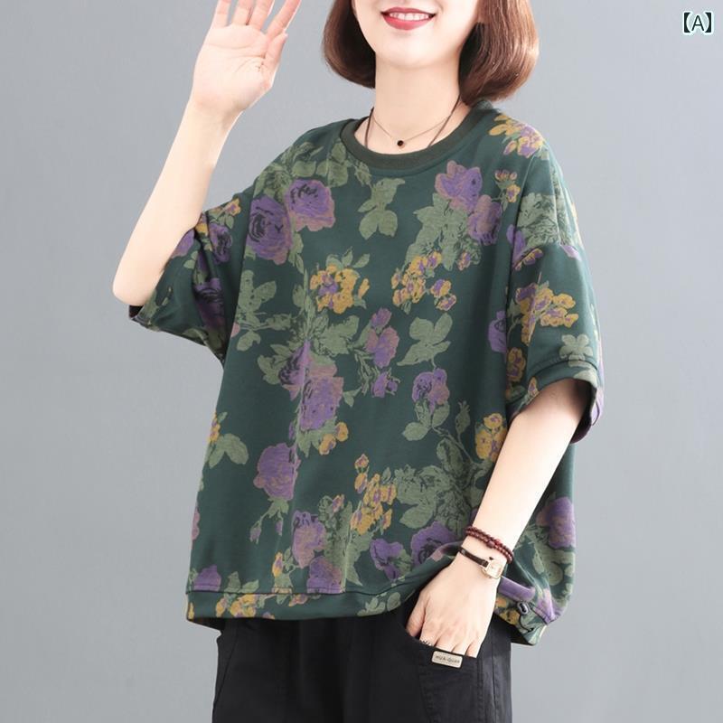 花柄 プリント Tシャツ 大きいサイズ コットン 半袖 Tシャツ 女性用 夏用 ゆったり プルオーバー レト..