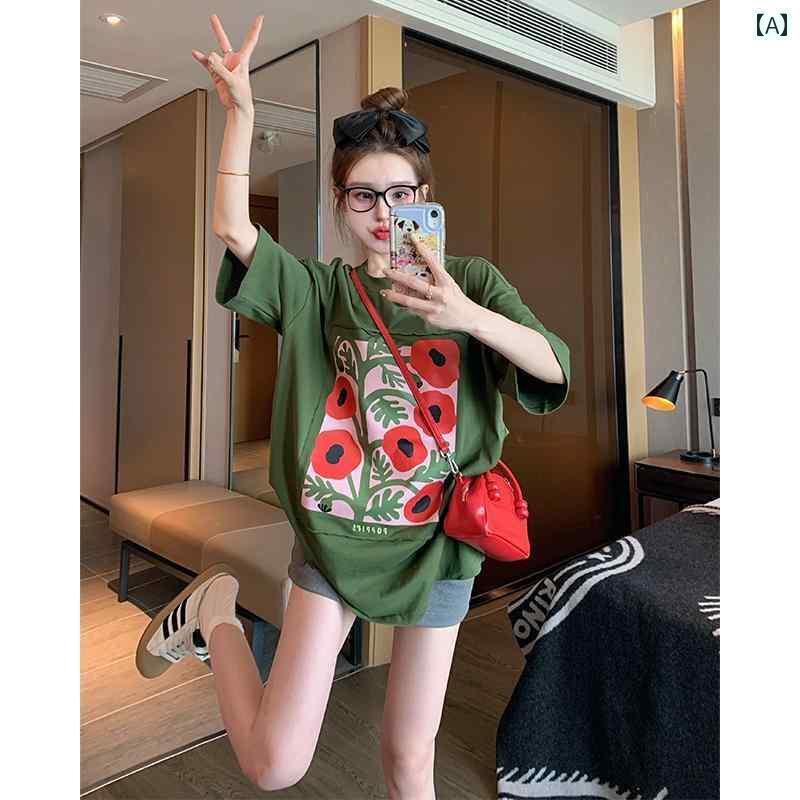 花柄 プリント Tシャツ グリーン トマト 半袖 Tシャツ レディース 2025 夏の 大きい ゆったり アメリカ..