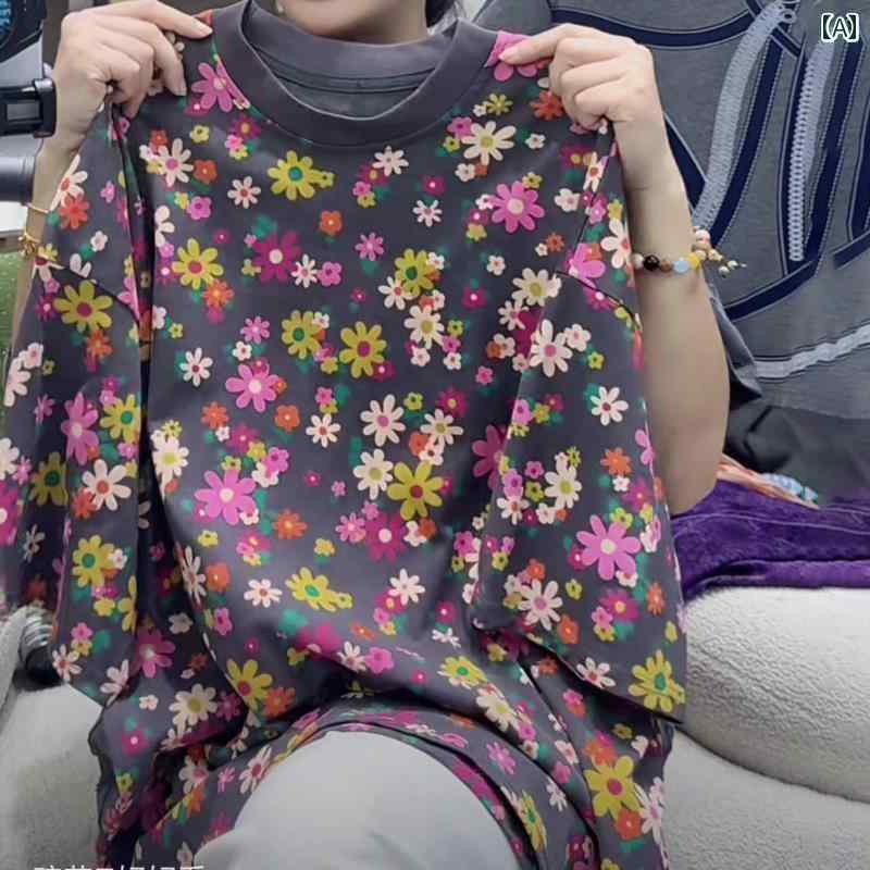 花柄 プリント Tシャツ 2025夏 レディース カラフル フローラル ファッション ゆったり 半袖 Tシャツ ..