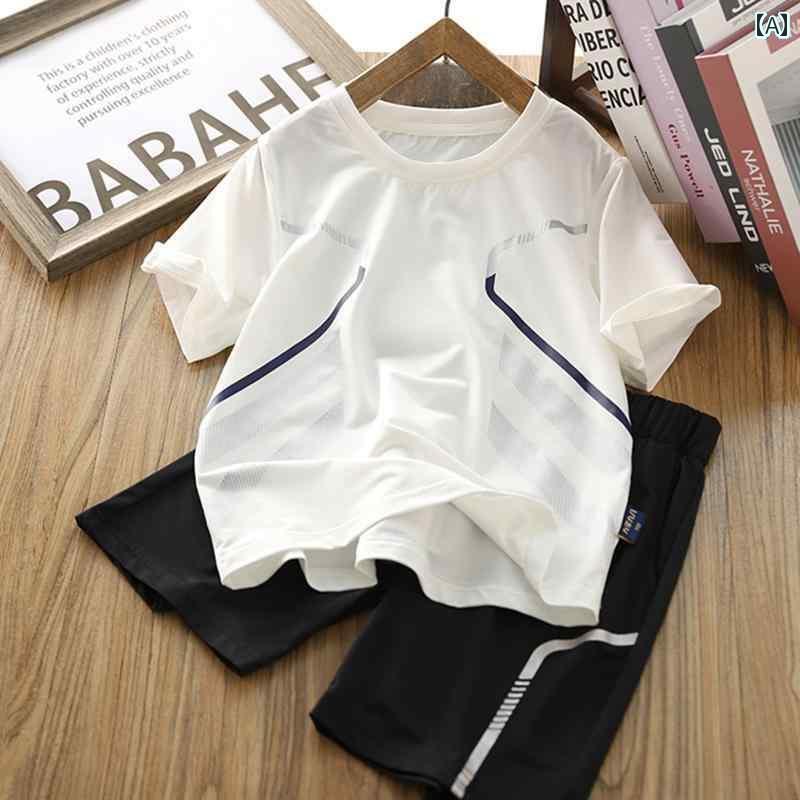キッズ カジュアル パンツ セット 男の子 用 冷感 速乾 半袖 ツーピース スーツ 2025 新型 中型 大型 子供用 薄型 クール スポーツ