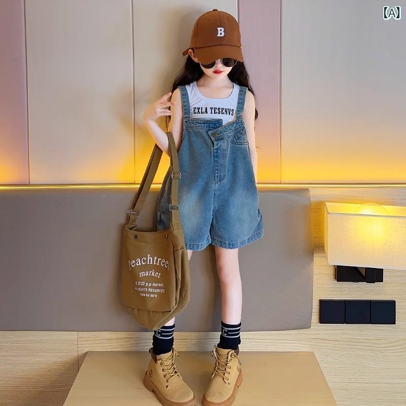 子供服 カジュアル パンツ セット 子供用 デニムオーバーオール 2024夏服 女の子用 パンツ カジュアルショーツ 万能 薄手 スーツ