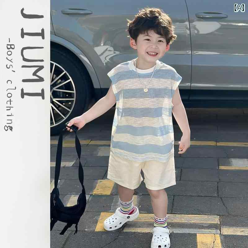 キッズ カジュアル パンツ セット 男の子 2025夏 韓国 ブルー 通気性 ストライプ ベスト スーツ ベビー..