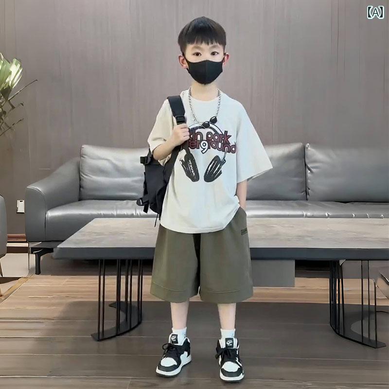 子供服 カジュアル パンツ セット 男の子 夏の 韓国 ファッション Tシャツ ミドル 丈 パンツ スーツ 2024 子供の な 夏服中大 サイズ 子供用 ツーピース