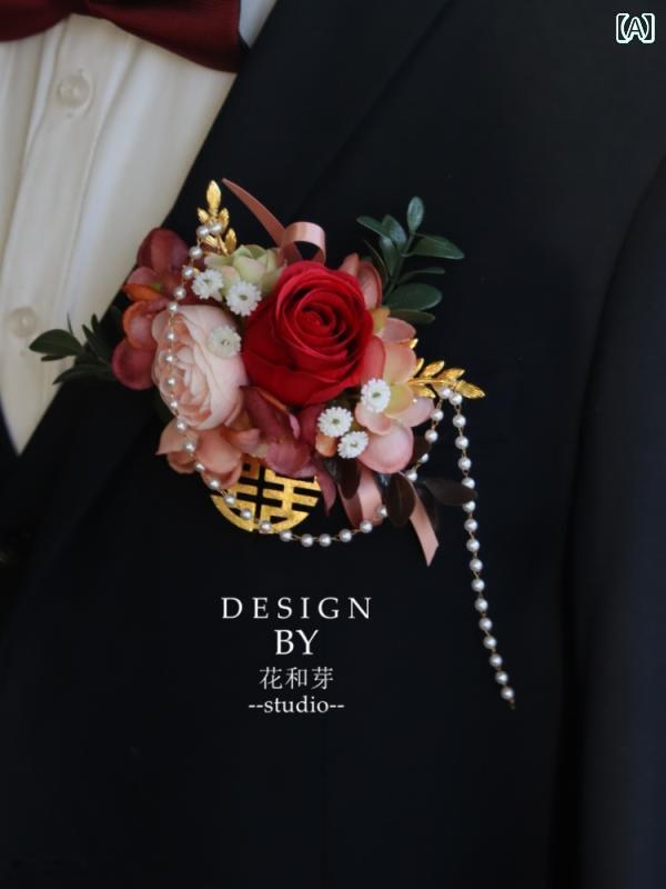 コサージュ アクセサリー レディース チャイナ風 ワイン レッドの 花の 森の パールの 幸せな 言葉の 花嫁と 花婿の 手首の オープニングセレモニーの ウェディング ブローチ