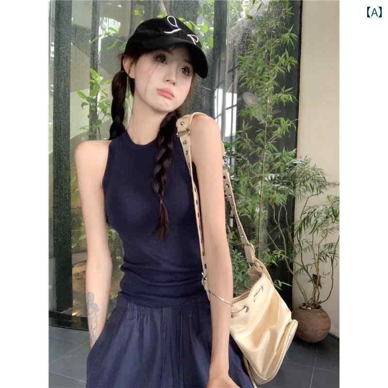 ニット キャミソール レディース 夏に 着る 女性用 ネイビーブルーの ニット ホルターネック ベスト ス..