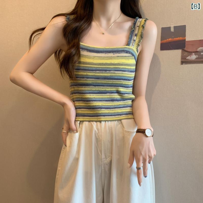 ニット キャミソール レディース 夏の 女性用 レインボーストライプ 冷感 キャミソール 大きいサイズ 太めの mm 肉を 隠して 背中が きれい スクエアネック ニット トップ 2