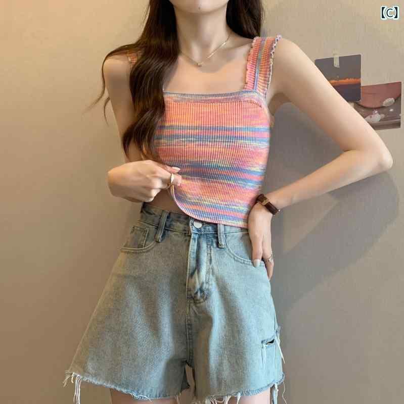 ニット キャミソール レディース 夏の 女性用 レインボーストライプ 冷感 キャミソール 大きいサイズ 太めの mm 肉を 隠して 背中が きれい スクエアネック ニット トップ 3