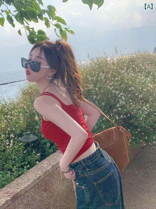 ニット キャミソール レディース アメリカン キャミソール ベスト インナーウェア 付き 胸 パッド 海辺で 着られる 2025年新 スタイル 美しい バックブラ 一 体型 レッド トップ