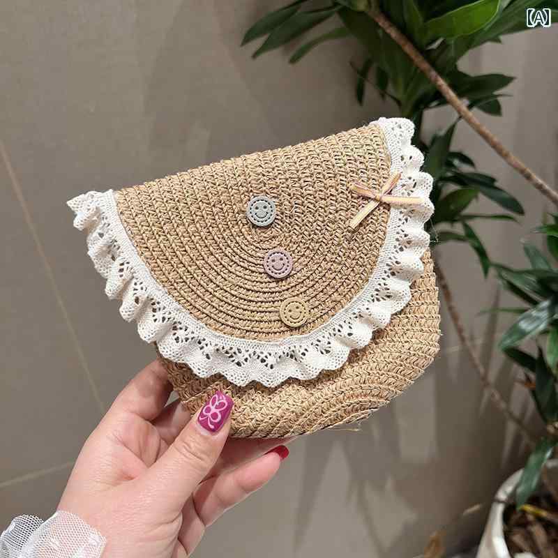 子供用 かわいい ポーチ バッグ イン 子供用 レース ストロー バッグ スタイリッシュな ボタン 表現 女..