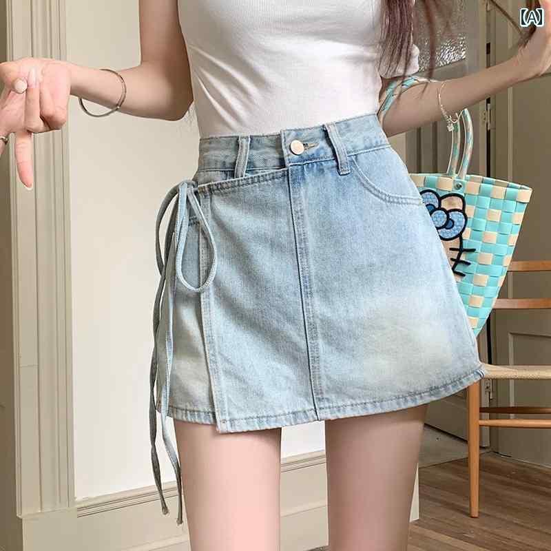 キュロット スカート スタイリッシュ ネットの 同じ スタイル 2025夏の レトロ アメリカン ストラップ フェイク ツーピース パンツ スカート レディース イレギュラー デニムショートパンツ