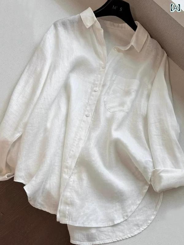 ブラウス シャツ シンプル ホワイト 長袖 シルク 日焼け防止 シャツ レディース 軽量 高級 夏 ゆったり エアコン カジュアル マルベリー 混紡 コットン＆ リネンシャツ