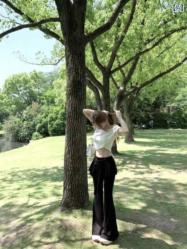 ガーリー フレア パンツ Suuuicee マジック スリム パンツ フェイク ツーピース ストラップ レイ ヤード ヒップ カバー フレアパンツ レディース S サイズ カジュアル