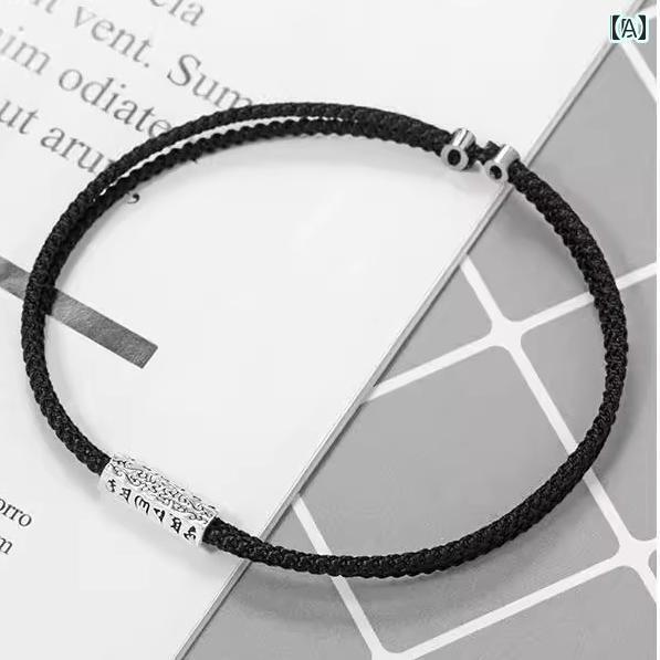 アンクレット アクセサリー メンズ 925 シルバー 男性用 モットー アンクレット クールで シンプル 干支 転 写 ビーズ 6文字 マントラ 織り 黒と 赤...