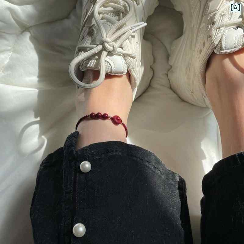 アンクレット アクセサリー メンズ 平和で 滑らかな 赤い 辰砂の 平和 バックルの ロープの アンクレッ..