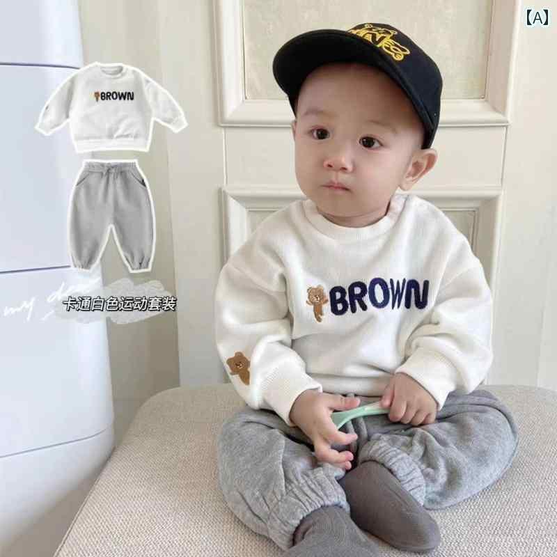ベビー服 上下セット かわいい ベビー 春秋 セーター 服 男の子用 ラウンドネック 刺繍 文字 トップ スーツ 子供用な 春服