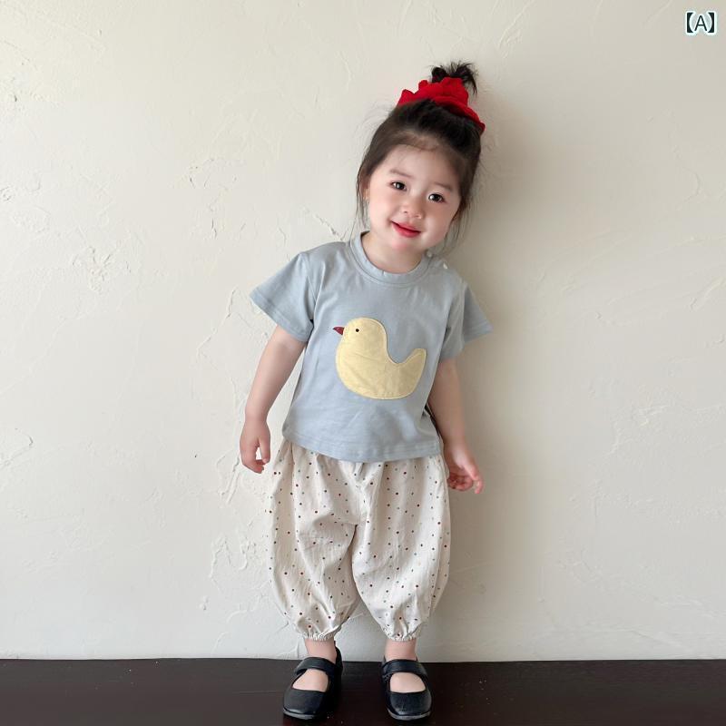 上下セット ベビー服 快適 ベビー 服 夏 かわいい 半袖 ドット 防蚊 パンツ スプリット スーツ 薄手 スタイル トップスと ズボン