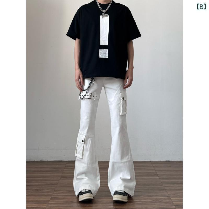 フレア パンツ ストリート 夏らしい ブラックの ストラップ 付き フレア ワークウェア ジーンズ メンズ クリーン フィット アメリカン ストリートの フレアパンツ トラウザー ズ