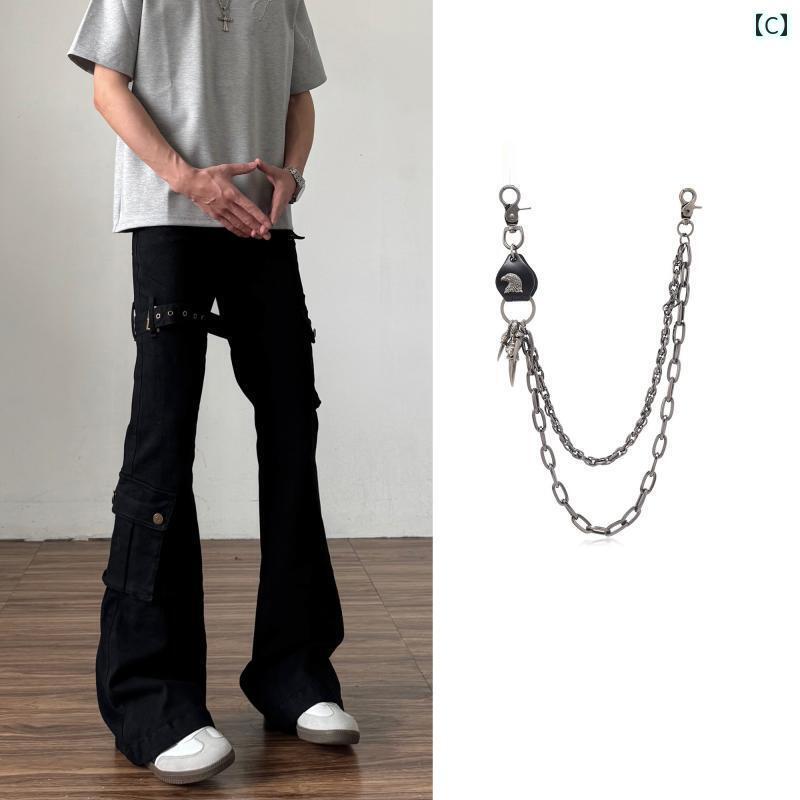 フレア パンツ ストリート 夏らしい ブラックの ストラップ 付き フレア ワークウェア ジーンズ メンズ クリーン フィット アメリカン ストリートの フレアパンツ トラウザー ズ