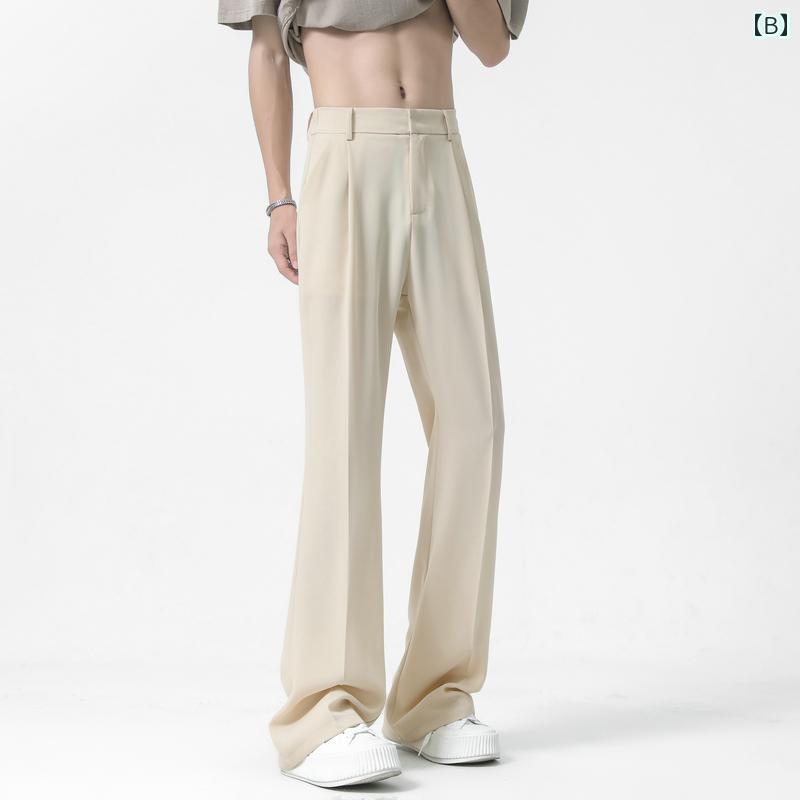 フレア パンツ ストリート 冷感 カジュアル パンツ メンズ 夏 薄手 スリム ワイド レッグ 高級 色 ドレープ やや 伸縮性の ある ベルボトムパンツ