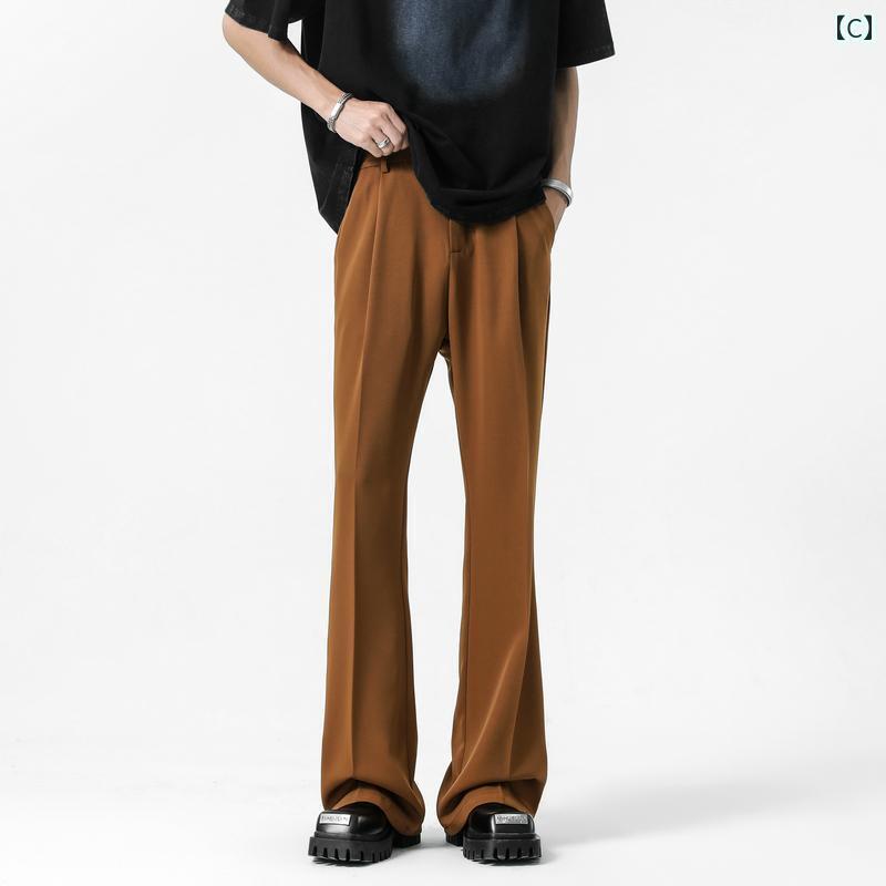 フレア パンツ ストリート 冷感 カジュアル パンツ メンズ 夏 薄手 スリム ワイド レッグ 高級 色 ドレープ やや 伸縮性の ある ベルボトムパンツ